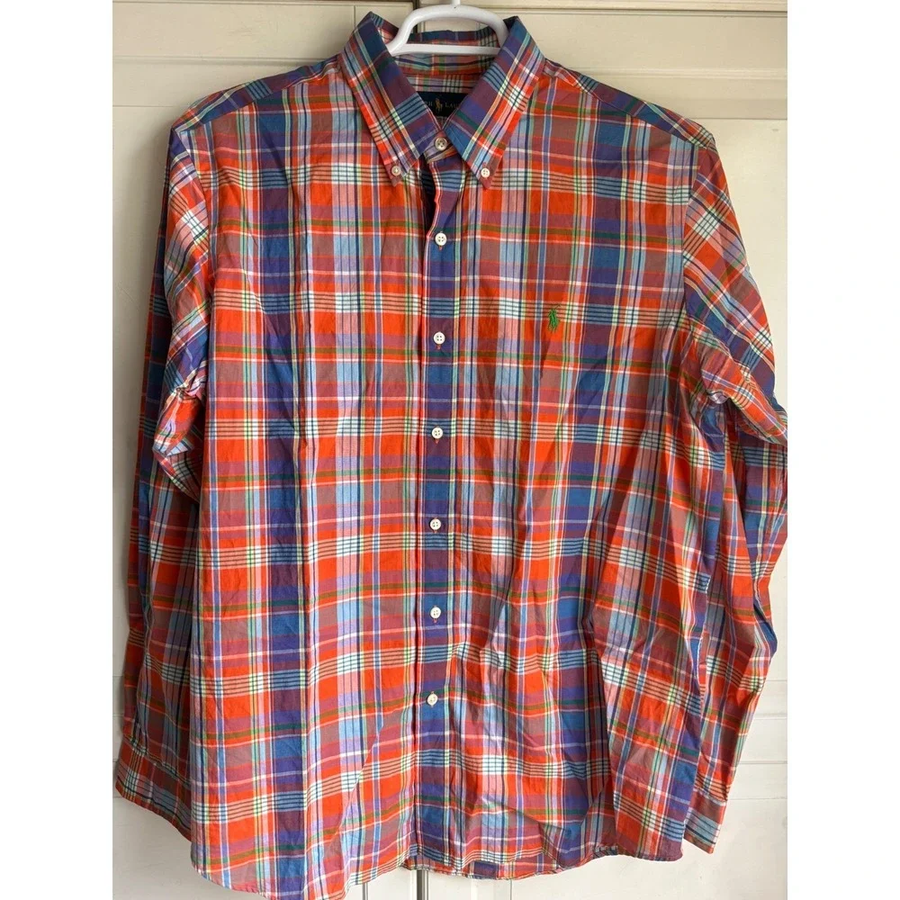Ralph Lauren Mens Large Orange Multi Plaid Long Sleeve Button Down Shirt
